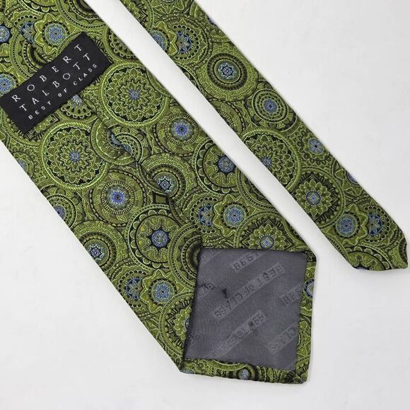ROBERT TALBOTT BEST OF CLASS SILK TIE GREEN BLACK AZTEC CIRCLE SATIN 4" X 59" - Picture 2 of 3